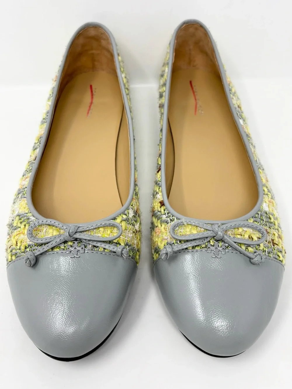 Tory Burch Tweed Ballet Flats Gray Yellow Leather Cap Toe Bow Size 9.5
